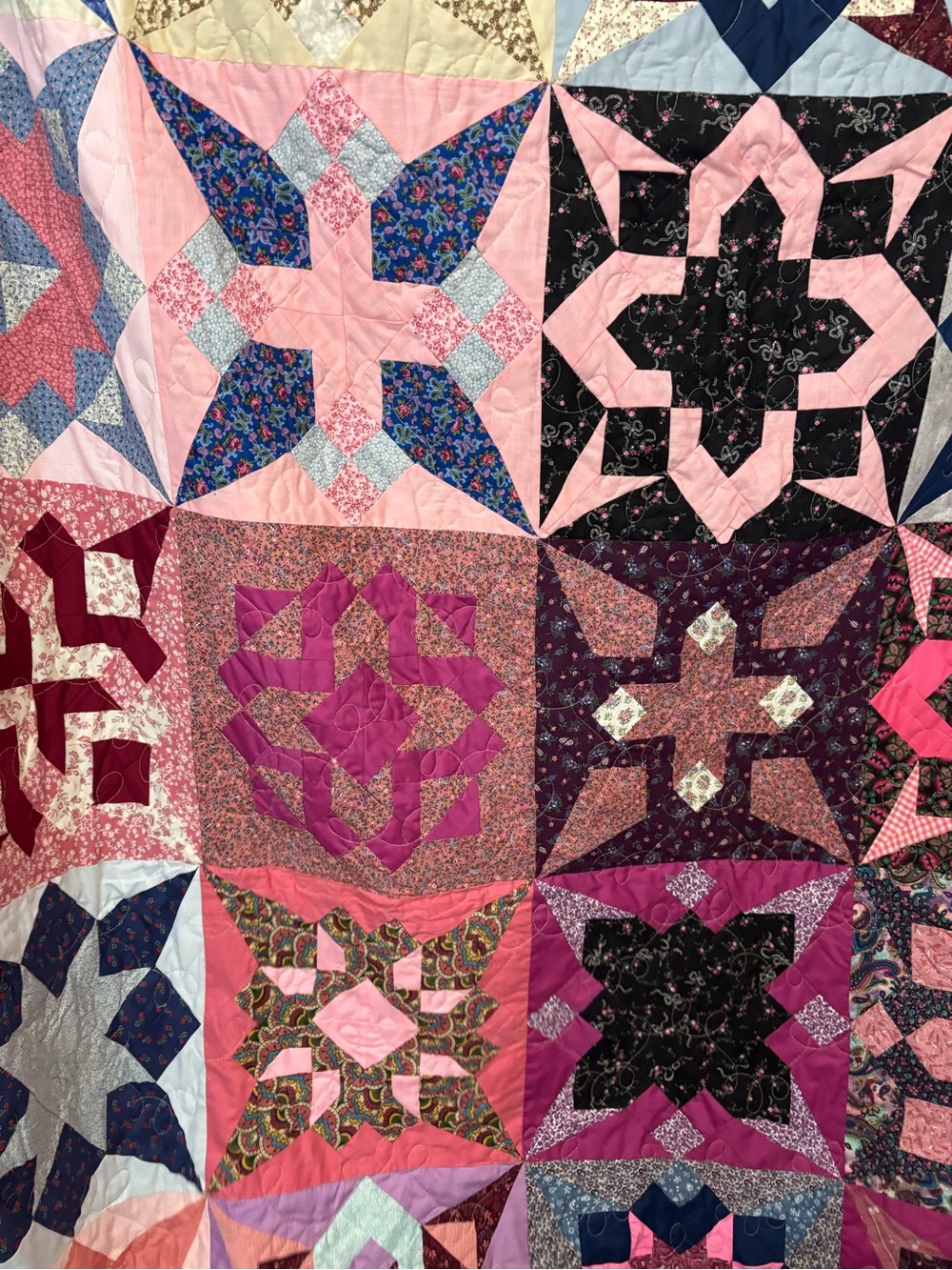 Handmade Patchwork Queen size quilt in Pink, Magenta, Black and Blue